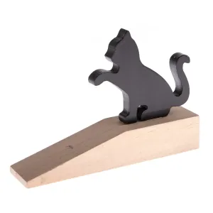 Drewniany ogranicznik do drzwi z czarnym kotem, naturalny, 17,5 x 10 x 4 cm