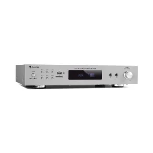 Auna AMP-9200 BT, cyfrowy wzmacniacz stereo, 2 x 60 W RMS, Bluetooth, 2 x mikrofon, srebrny