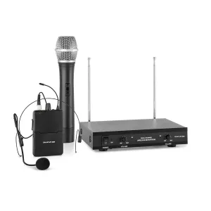 Auna Pro VHF-2-HS, zestaw mikrofonów bezprzewodowych VHF, 2 kanały, 1 x mikrofon nagłowny, 1 x mikrofon do ręki, zasięg 50 m