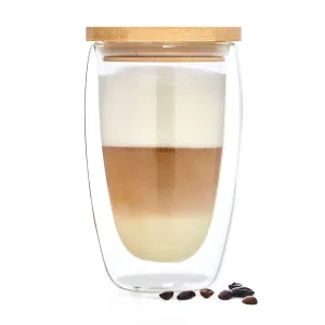 Bambuswald Szklanka termiczna do kawy z pokrywką, 400 ml, wykonany ręcznie, szkło borokrzemowe, bambus