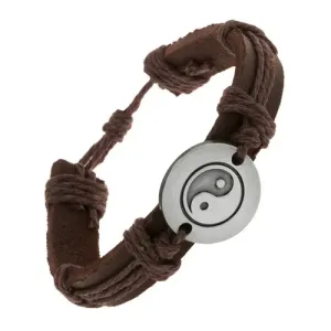 Ciemnobrązowa bransoletka ze sztucznej skóry i sznurków, okrągły symbol Yin Yang - Kolor: Brązowy