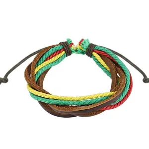 Skórzana bransoletka w kolorach RASTA - splecione sznurki, regulowana długość