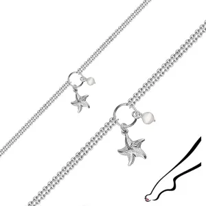 Bransoletka na kostkę ze srebra 925 - rozgwiazda, perła hodowlana, podwójny łańcuszek