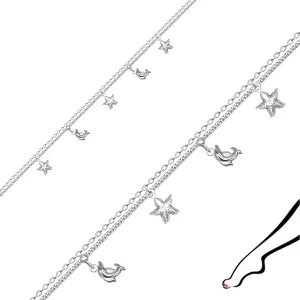Bransoletka na nogę ze srebra 925 - podwójny łańcuszek, ozdobiony delfinami i gwiazdkami