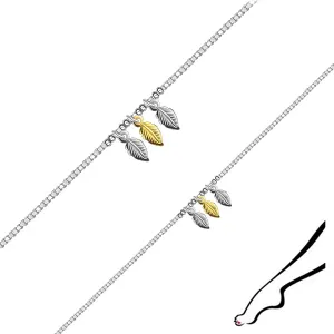Srebrna 925 bransoletka na kostkę lub nadgarstek - cienki łańcuszek, liście w kolorze srebrnym i złotym
