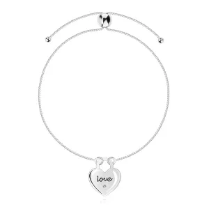 Srebrna 925 bransoletka na kostkę - przezroczysty diament, serce, napis LOVE