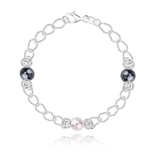 Srebrna 925 bransoletka - oczka w kształcie łezki, różowe i dwie ciemnoszare syntetyczne perły