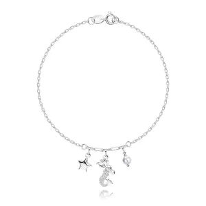 Srebrna 925 bransoletka - rozgwiazda, syrena, biała syntetyczna perła, przezroczyste cyrkonie