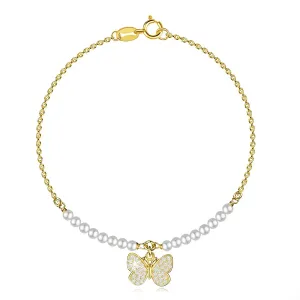 Srebrna 925 bransoletka w kolorze złotym - motyl z cyrkoniami, syntetyczne perły