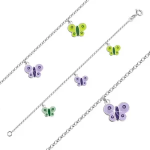 Srebrna bransoletka 925 dla dzieci - motyle z zieloną i fioletową emalią