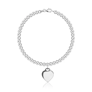 Srebrna bransoletka 925 - łańcuszek kulkowy, zawieszka w kształcie serca, karabińczyk