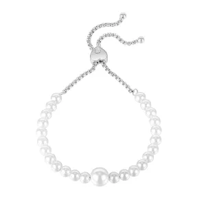 Stalowa bransoletka srebrnego koloru - perłowo białe koraliki, bezbarwne cyrkonie, przesuwane zapięcie