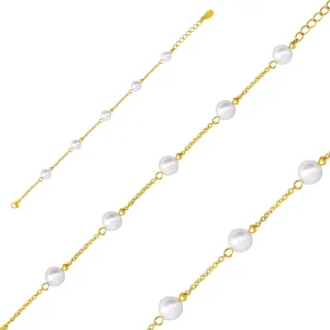 Stalowa bransoletka złotego koloru, perłowe koraliki na łańcuszku