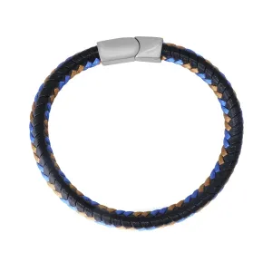 Czarna skórzana bransoletka - zaplecione brązowe i niebieskie sznurki, zapięcie wsuwane