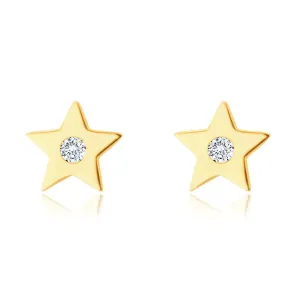 Diamentowe kolczyki z żółtego 14K złota - pięcioramienna gwiazda z brylantem