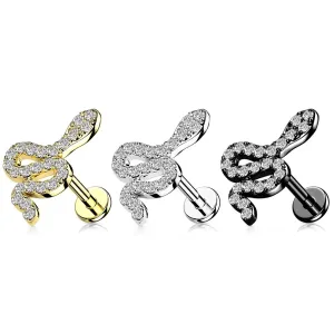 Piercing ze stali - zwinięty wąż z przezroczystymi cyrkoniami, gwint wewnętrzny, 6 mm - Kolor: Srebrny