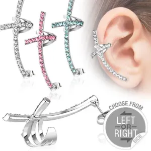 Fake piercing do ucha ze stali - kolorowy wygięty krzyż z cyrkoniami - Kształt piercingu: Prawy, Kolor cyrkoni: Różowy - P