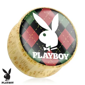 Plug do ucha z bambusa, zajączek Playboy na tle w kratkę - Szerokość: 25 mm
