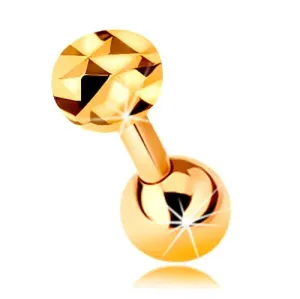 Złoty 375 piercing do ucha - lśniący prosty pręt z kuleczką i oszlifowanym kółkiem, 5 mm
