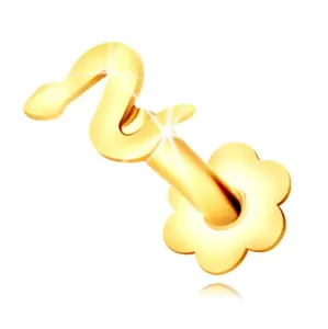 Złoty 375 piercing - błyszczący wąż i regularny okrągły kwiaty