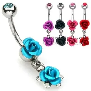 Stalowy piercin do pępka - kwitnące metaliczne różyczki, rodowany - Kolor: Aqua niebieski