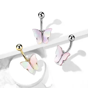 Stalowy piercing do pępka - motyl z muszlą Abalone, obróbka PVD - Kolor: Srebrny