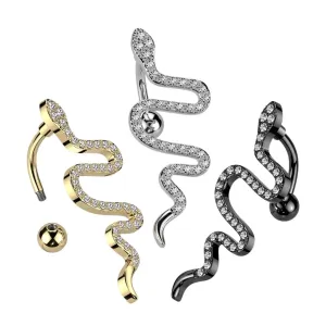 Stalowy piercing do pępka - pełzający wąż, przezroczyste cyrkonie, PVD - Kolor: Srebrny