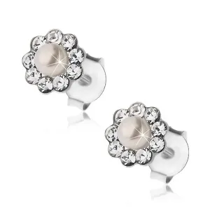 Kolczyki, srebro 925, kwiat - kryształki Preciosa i biała perełka