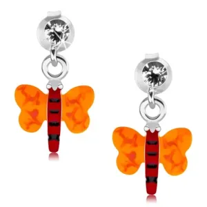 Srebrne 925 kolczyki, motylek z czerwonym ciałem i pomarańczowymi skrzydłami