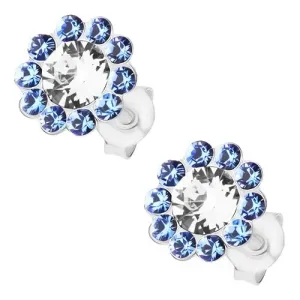 Srebrne kolczyki 925, błyszczący kwiat, bezbarwne i niebieskie kryształki Preciosa