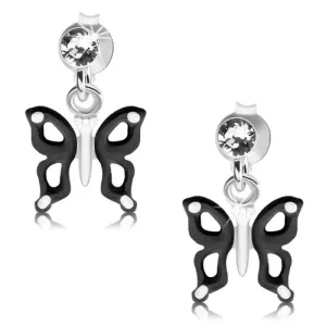 Srebrne kolczyki 925, czarno-biały motylek z wycięciami na skrzydłach, kryształ