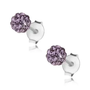 Srebrne kolczyki 925, fioletowa błyszcząca kuleczka, kryształki Preciosa, 4 mm