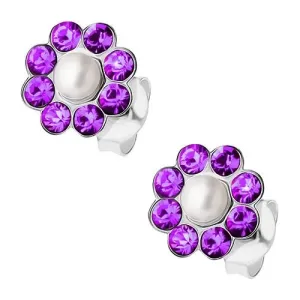 Srebrne kolczyki 925, perełka, fioletowe kryształki Preciosa - kwiatek