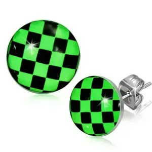 Kolczyki ze stali, zielono-czarna szachownica