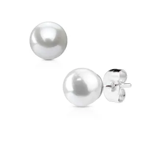 Stalowe kolczyki srebrnego koloru z syntetyczną białą perłą - Średnica: 3 mm
