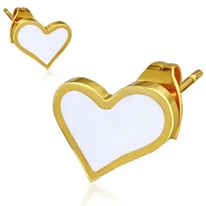 Złote kolczyki ze stali - białe asymetryczne serce
