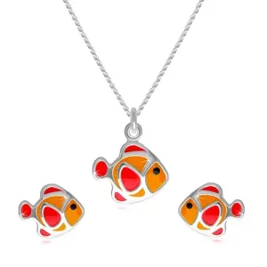 Dwuczęściowy zestaw ze srebra 925 - naszyjnik i kolczyki, czerwono-pomarańczowa ryba