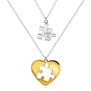 Srebrny zestaw 925 - dwa naszyjniki, puzzle z napisem, serce z rzeźbionym puzzlem pośrodku