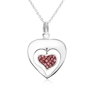Naszyjnik - łańcuszek, kontur serca, serce, różowe cyrkonie, srebro 925