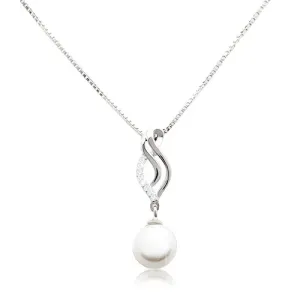 Naszyjnik ze srebra 925, łańcuszek i zawieszka - falujący liść i biała okrągła perła