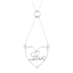 Naszyjnik ze srebra 925, łańcuszek i zawieszka - kontur serca, napis Love
