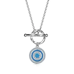 Przewlekany srebrny 925 naszyjnik - koło z przezroczystymi i niebieskimi cyrkoniami, nieprzezroczysty kwiat z turkusowymi cyrkon
