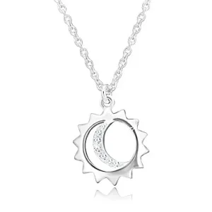 Srebrny 925 naszyjnik - przywieszka na łańcuszku, kontura słońca i księżyca z cyrkoniami