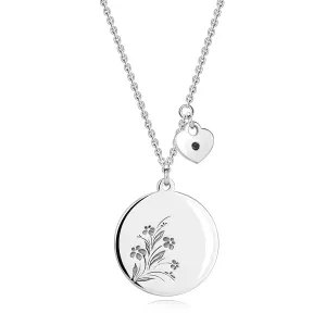 Srebrny naszyjnik 925 - czarny diament, serce, krąg z kwiatami
