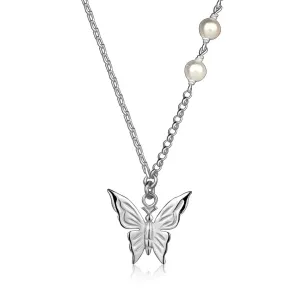 Srebrny naszyjnik 925 - motyl, białe syntetyczne perły, różne rodzaje łańcuszków
