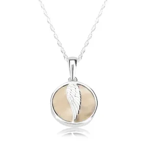 Srebrny naszyjnik 925 - skrzydło anioła, błyszczące koło, marmurowa emalia kremowego koloru