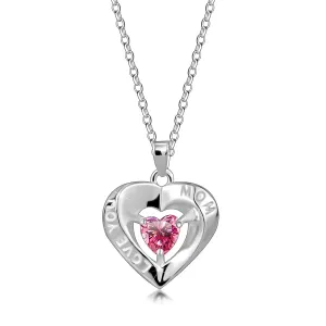 Srebrny naszyjnik 925 - zarys serca, różowe serce z cyrkonii, napis 