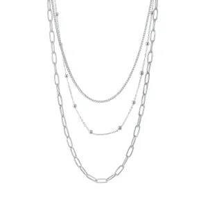 Naszyjnik ze stali w kolorze srebrnym - potrójny łańcuszek z różnymi wzorami, kuleczki