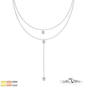 Podwójny naszyjnik ze stali chirurgicznej - przezroczyste kryształki w opravach, PVD, karabińczyk - Kolor: Srebrny
