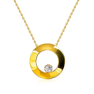 Naszyjnik z żółtego 14K złota - lśniący pierścień z brylantem, łańcuszek z owalnych oczek